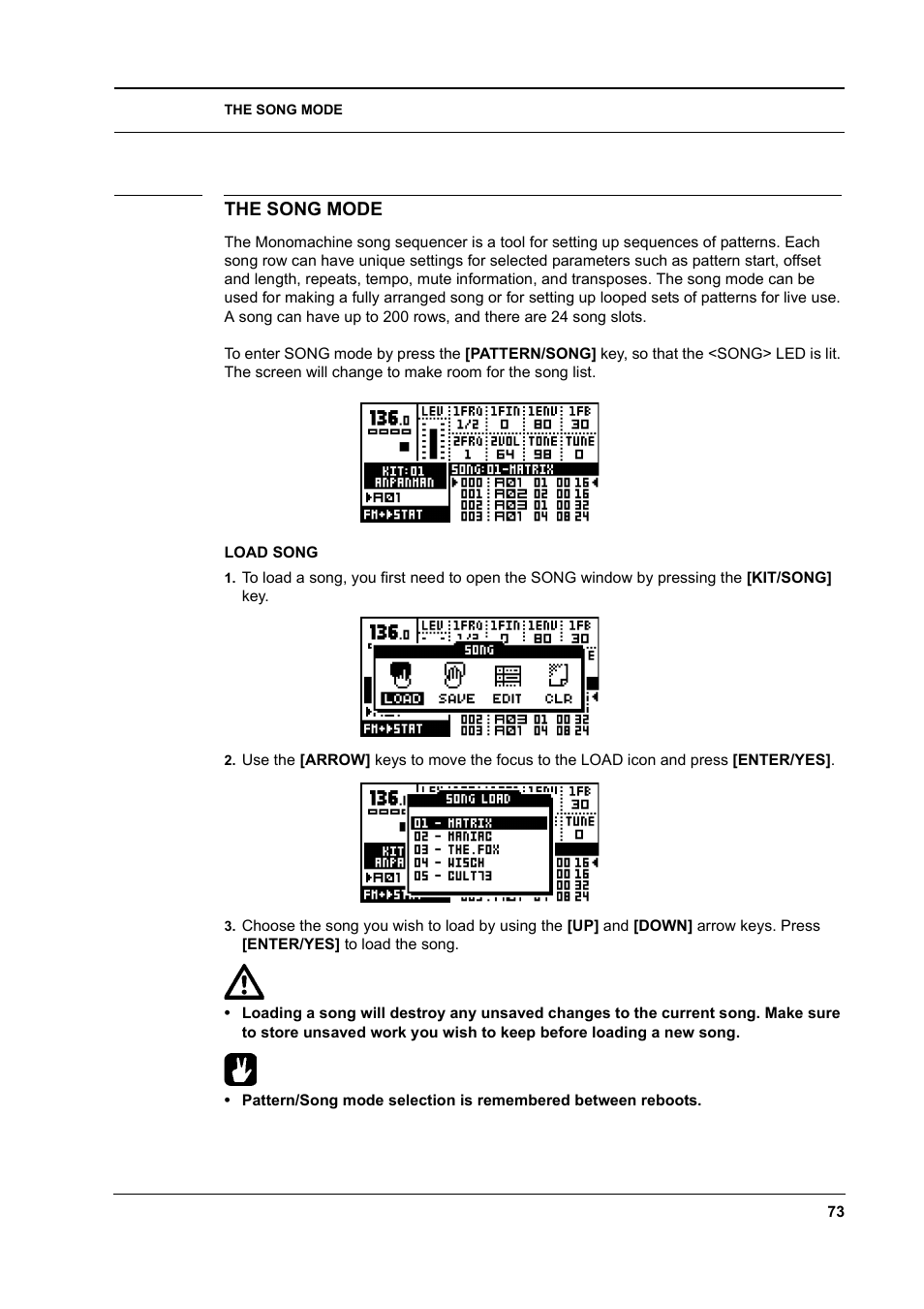 The song mode, Load song, The song mode -73 | Load song -73 | Elektron Monomachine User Manual | Page 81 / 158