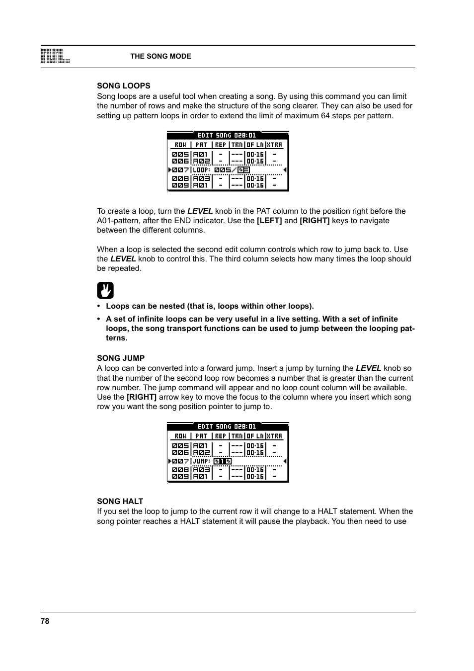 Song loops, Song jump, Song halt | Song loops -78 song jump -78 song halt -78 | Elektron Monomachine User Manual | Page 86 / 158