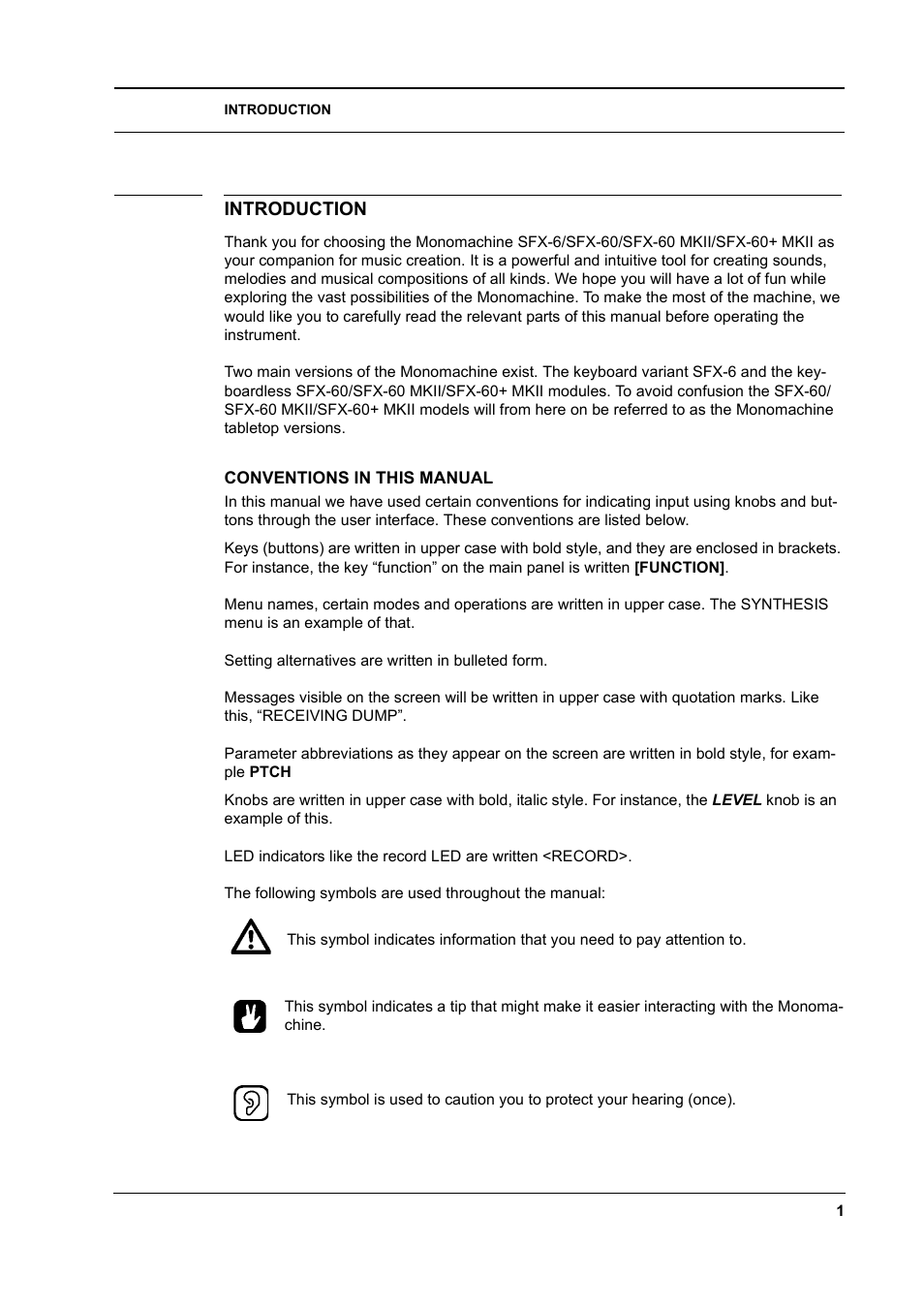 Introduction, Conventions in this manual, Introduction -1 | Conventions in this manual -1 | Elektron Monomachine User Manual | Page 9 / 158