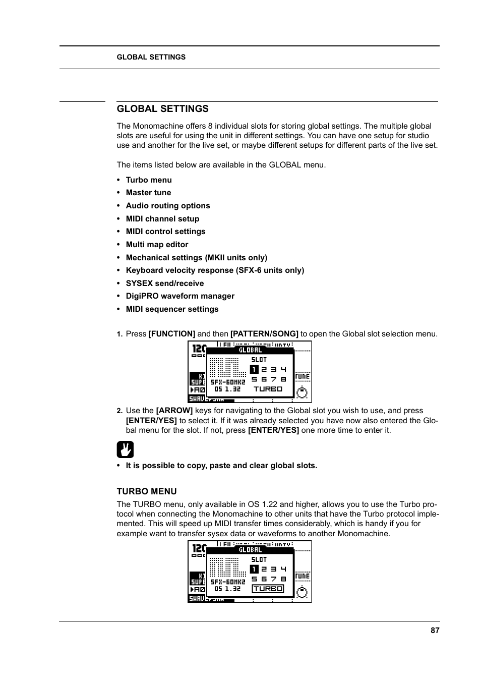 Global settings, Turbo menu, Global settings -87 | Turbo menu -87 | Elektron Monomachine User Manual | Page 95 / 158