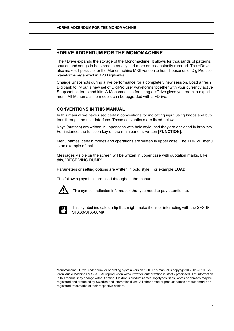 Drive addendum for the monomachine, Conventions in this manual | Elektron Monomachine User Manual | Page 3 / 9