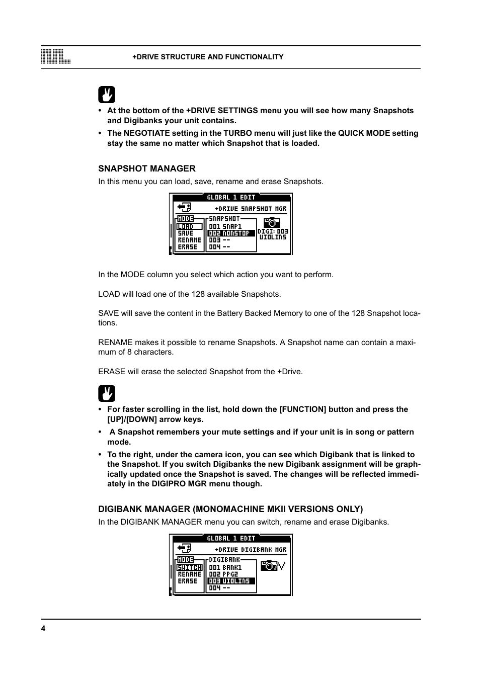 Snapshot manager, Digibank manager (monomachine mkii versions only) | Elektron Monomachine User Manual | Page 6 / 9