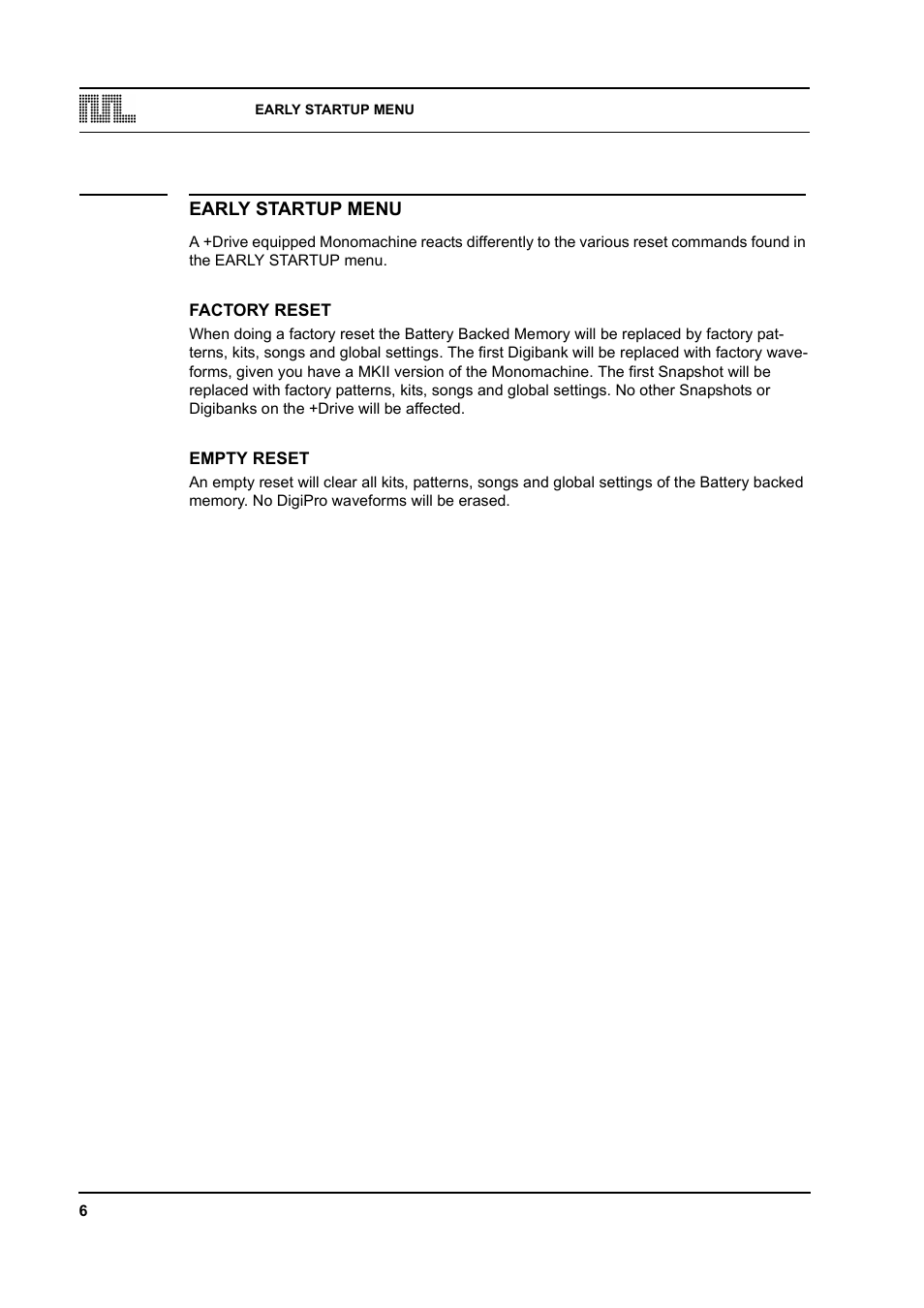 Early startup menu, Factory reset, Empty reset | Elektron Monomachine User Manual | Page 8 / 9
