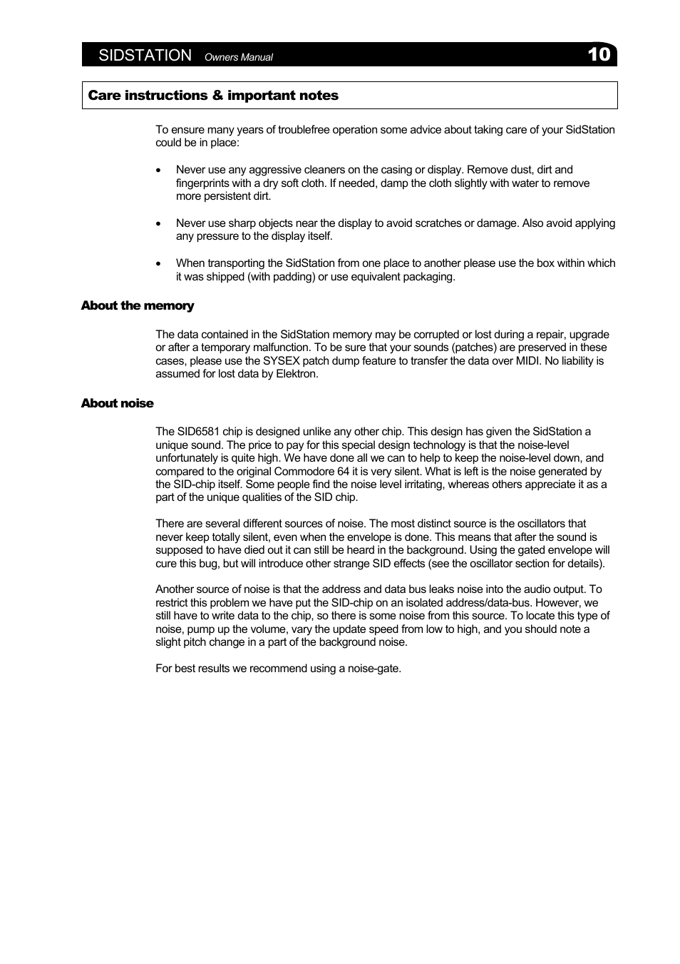 Care instructions & important notes, About the memory, About noise | Bout the memory, Bout noise, Sidstation | Elektron Sidstation User Manual | Page 10 / 45