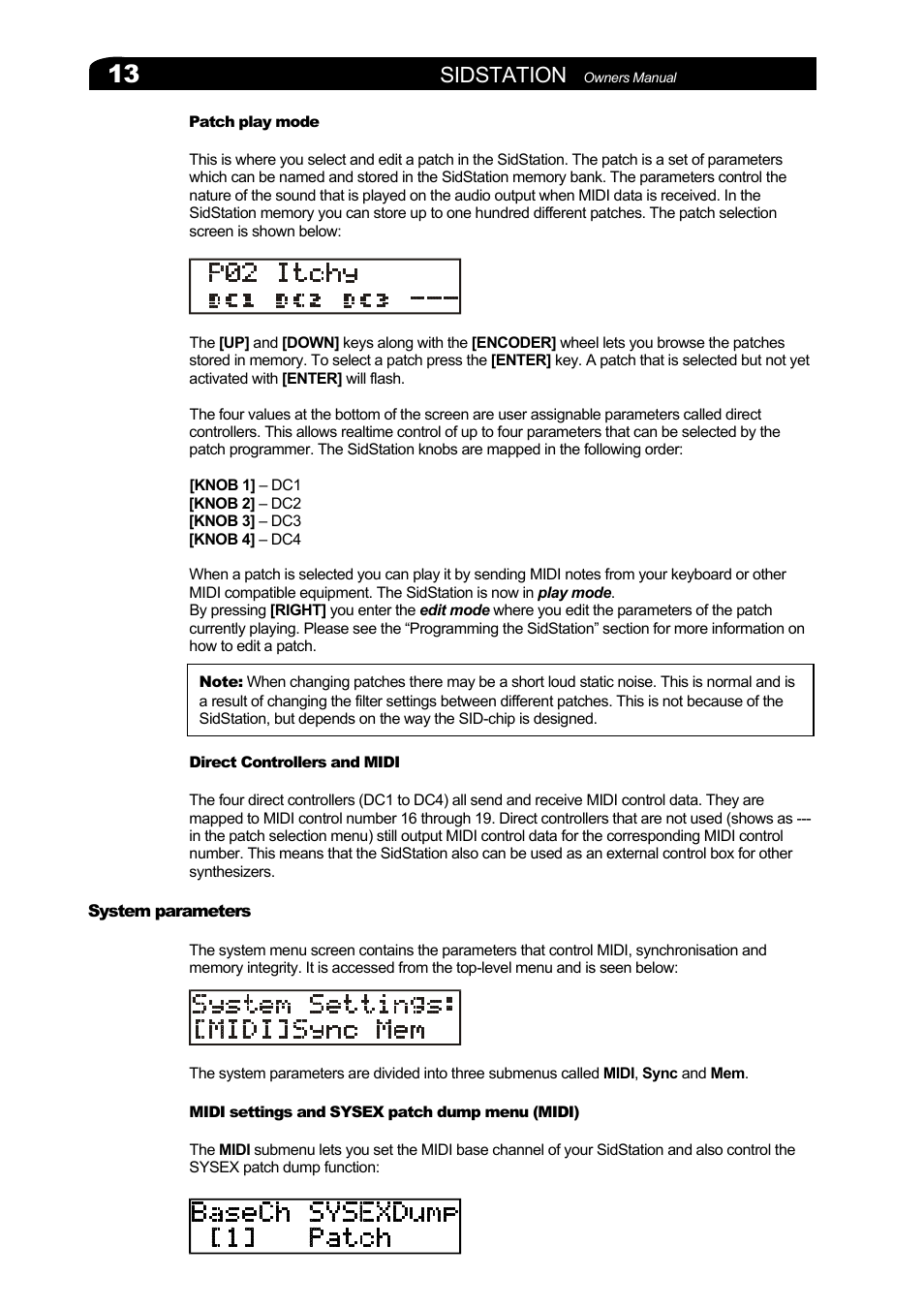 Patch play mode, Direct controllers and midi, System parameters | Midi settings and sysex patch dump menu (midi), Patch play mode direct controllers and midi, Ystem parameters, Sidstation | Elektron Sidstation User Manual | Page 13 / 45