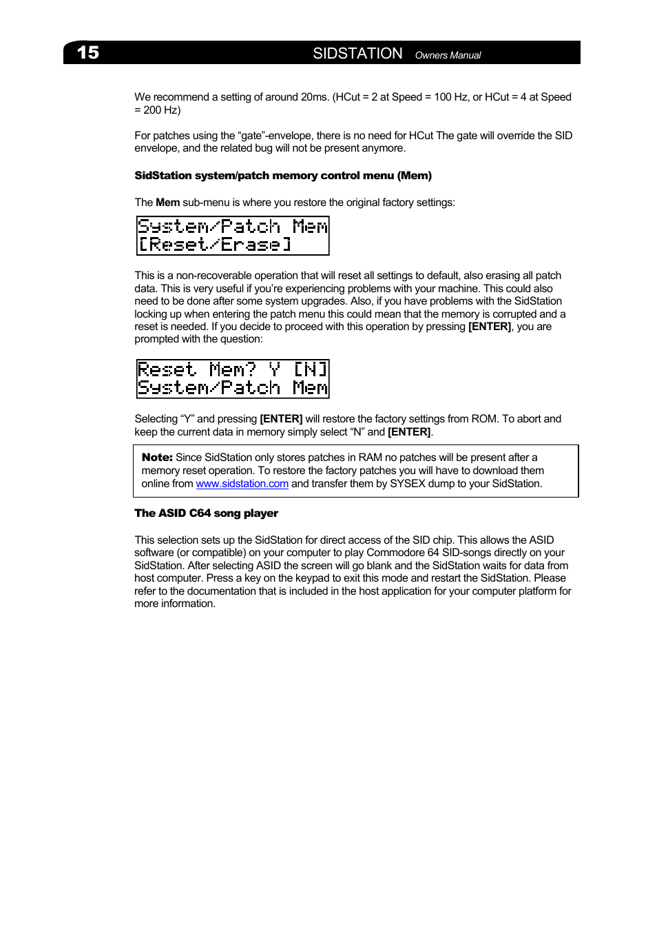 Sidstation system/patch memory control menu (mem), The asid c64 song player, Sidstation | Elektron Sidstation User Manual | Page 15 / 45