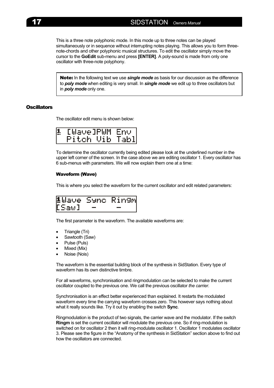 Oscillators, Waveform (wave), Scillators | Sidstation | Elektron Sidstation User Manual | Page 17 / 45