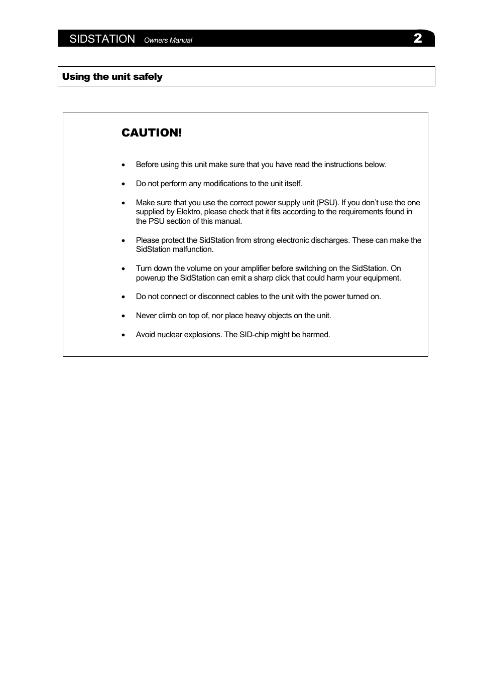 Using the unit safely, Sidstation, Caution | Elektron Sidstation User Manual | Page 2 / 45