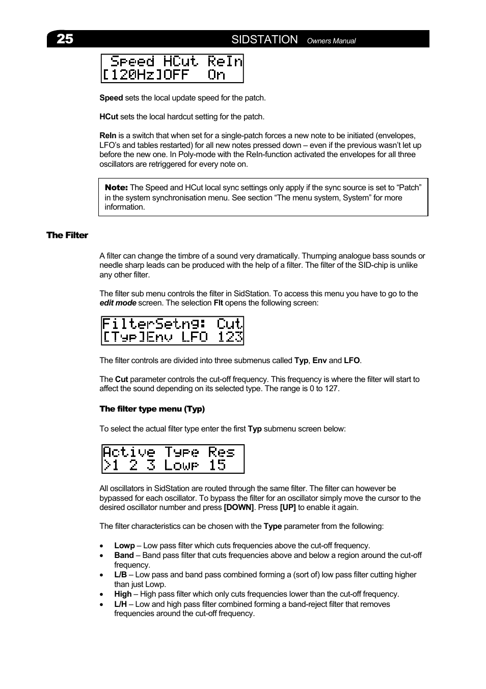 The filter, The filter type menu (typ), Ilter | Sidstation | Elektron Sidstation User Manual | Page 25 / 45