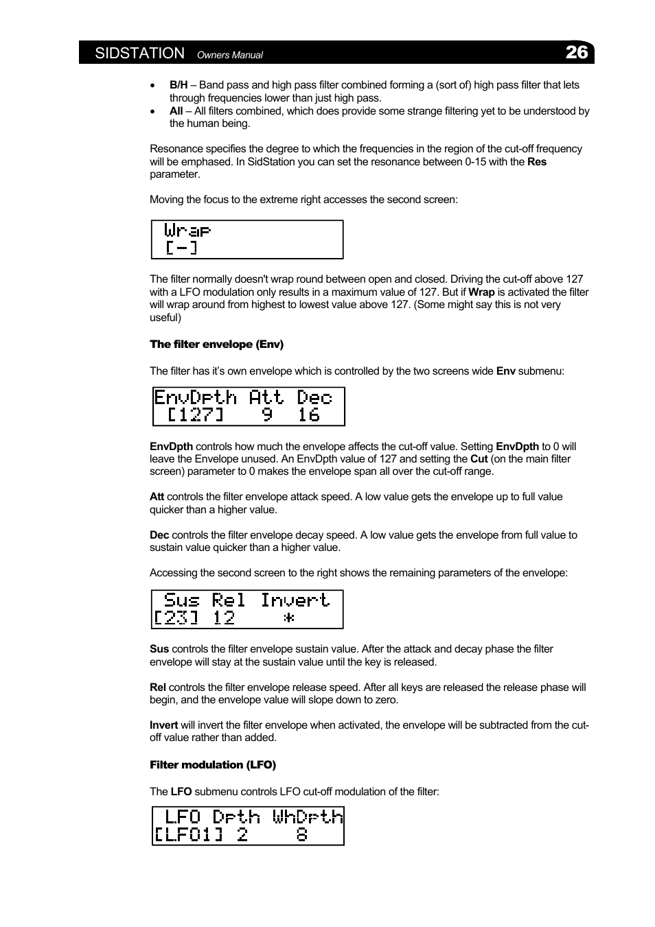 The filter envelope (env), Filter modulation (lfo), The filter envelope (env) filter modulation (lfo) | Sidstation | Elektron Sidstation User Manual | Page 26 / 45