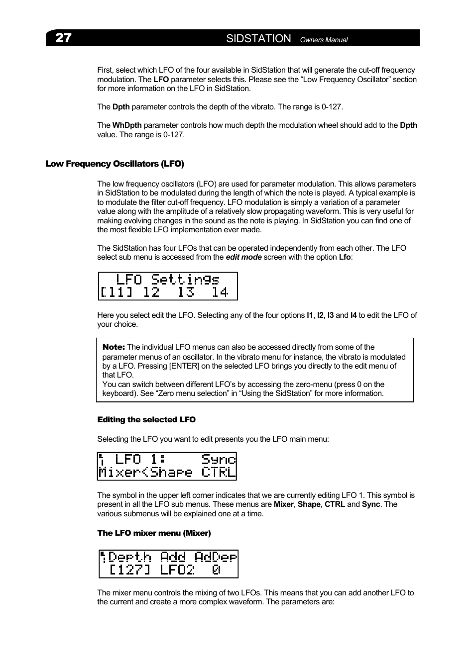 Low frequency oscillators (lfo), Editing the selected lfo, The lfo mixer menu (mixer) | Requency, Scillators, Lfo), Sidstation | Elektron Sidstation User Manual | Page 27 / 45