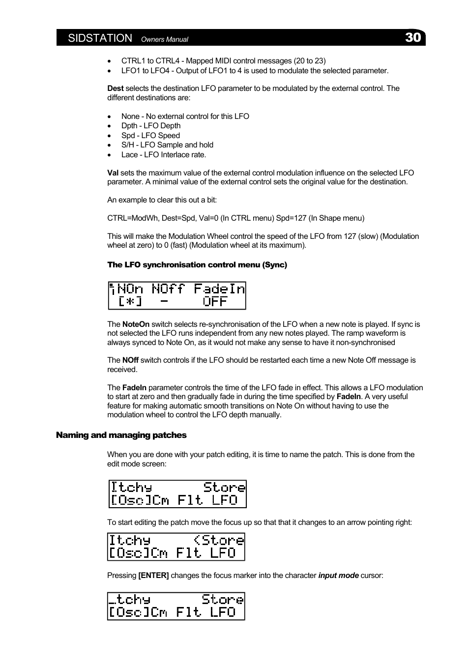 The lfo synchronisation control menu (sync), Naming and managing patches, Aming and managing patches | Sidstation | Elektron Sidstation User Manual | Page 30 / 45