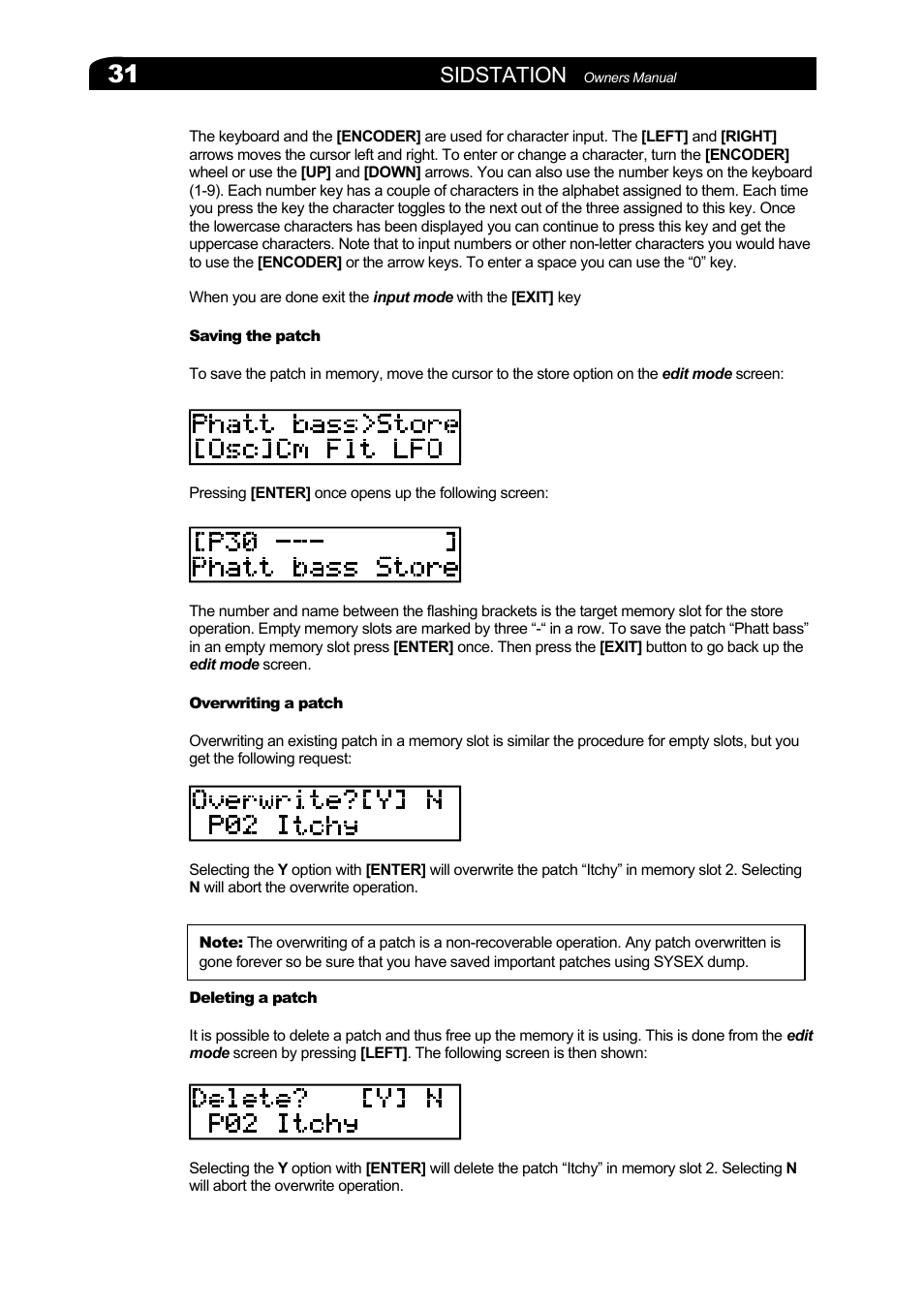 Saving the patch, Overwriting a patch, Deleting a patch | Sidstation | Elektron Sidstation User Manual | Page 31 / 45