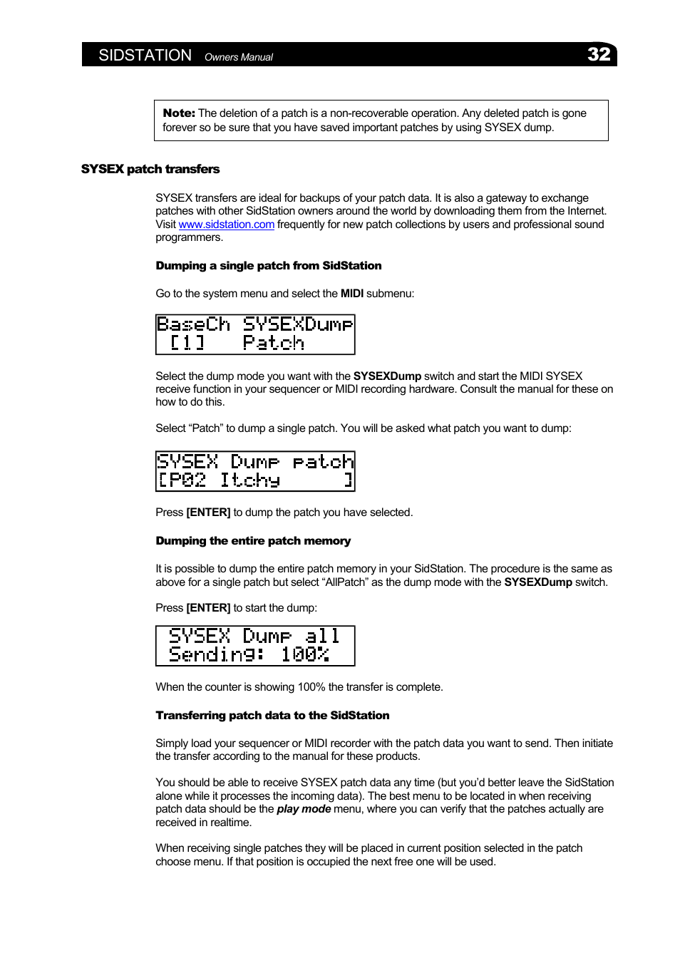 Sysex patch transfers, Dumping a single patch from sidstation, Dumping the entire patch memory | Transferring patch data to the sidstation, Sysex, Patch transfers, Sidstation | Elektron Sidstation User Manual | Page 32 / 45