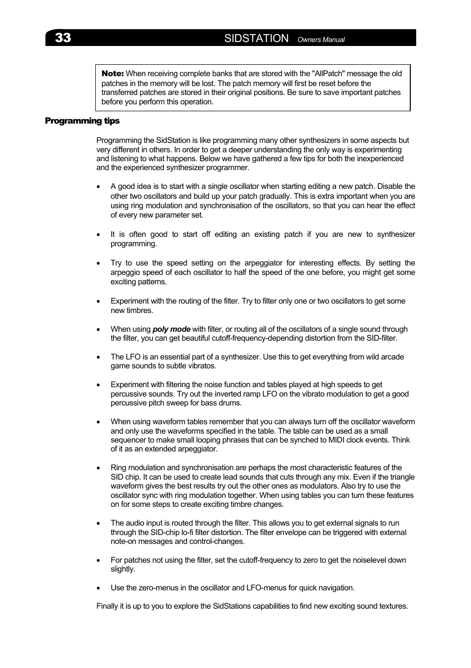 Programming tips, Rogramming tips, Sidstation | Elektron Sidstation User Manual | Page 33 / 45