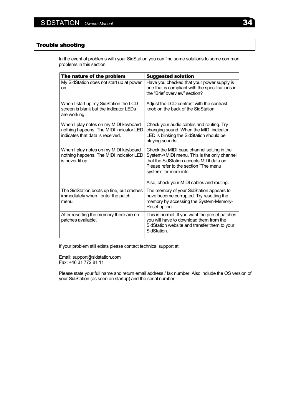 Trouble shooting, Sidstation | Elektron Sidstation User Manual | Page 34 / 45