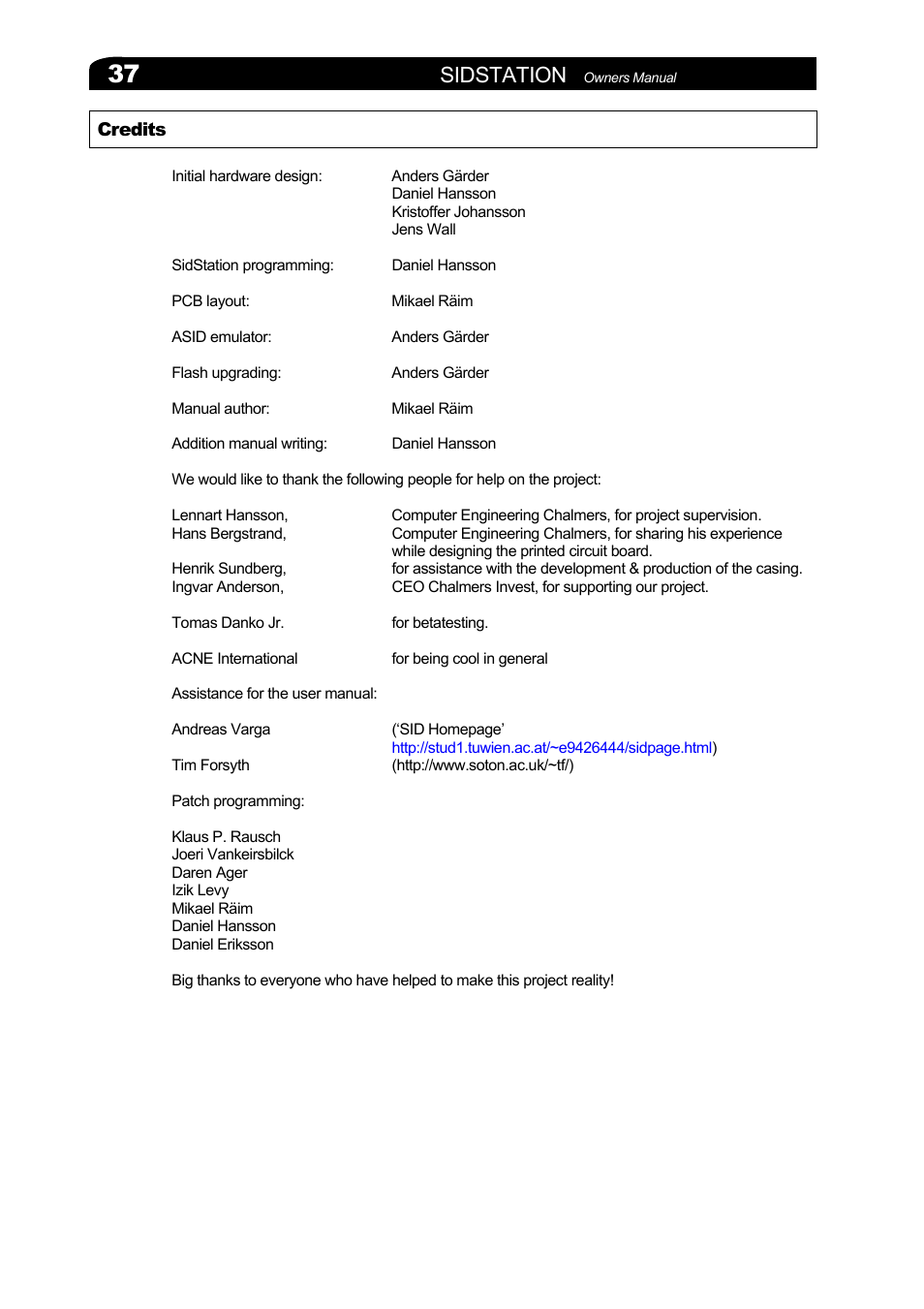 Credits, Sidstation | Elektron Sidstation User Manual | Page 37 / 45