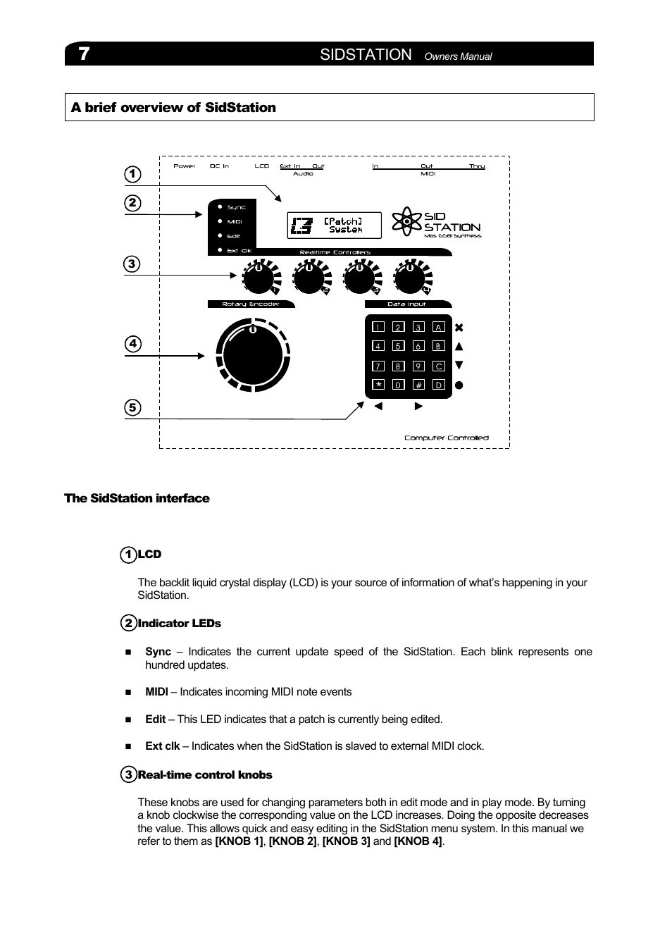 A brief overview of sidstation, The sidstation interface, 1 lcd | 2 indicator leds, 3 real-time control knobs, Tation interface, Sidstation | Elektron Sidstation User Manual | Page 7 / 45