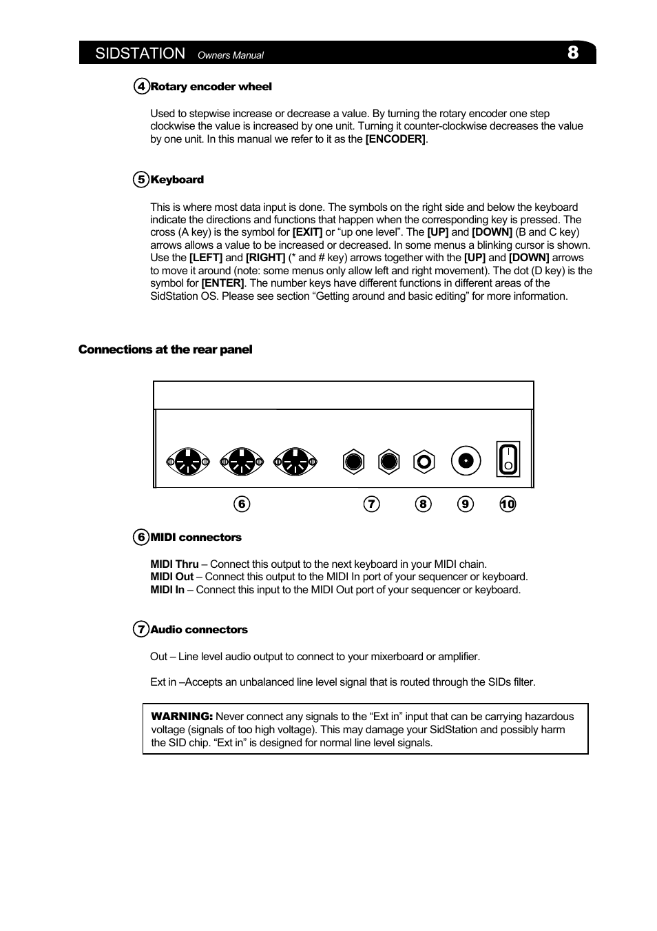 4 rotary encoder wheel, 5 keyboard, Connections at the rear panel | 6 midi connectors, 7 audio connectors, Onnections at the rear panel, Sidstation | Elektron Sidstation User Manual | Page 8 / 45
