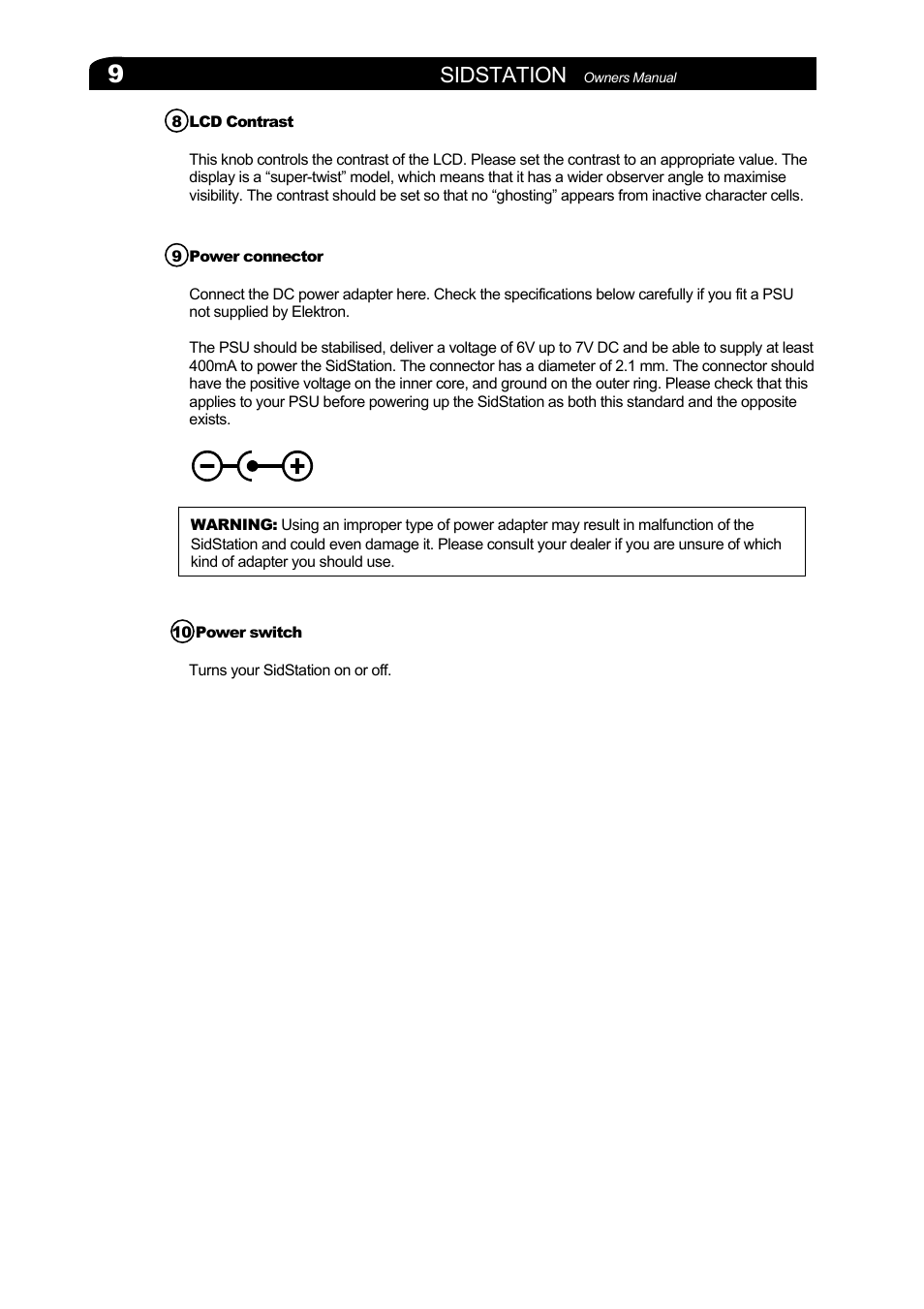 8 lcd contrast, 9 power connector, 10 power switch | Sidstation | Elektron Sidstation User Manual | Page 9 / 45