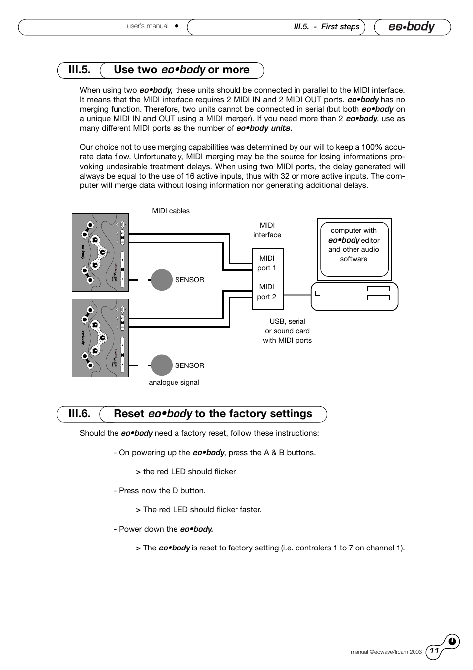 Iii.5. use two eo•body or more, Iii.6. reset eo•body to the factory settings | Eowave Eobody1 User Manual | Page 11 / 29