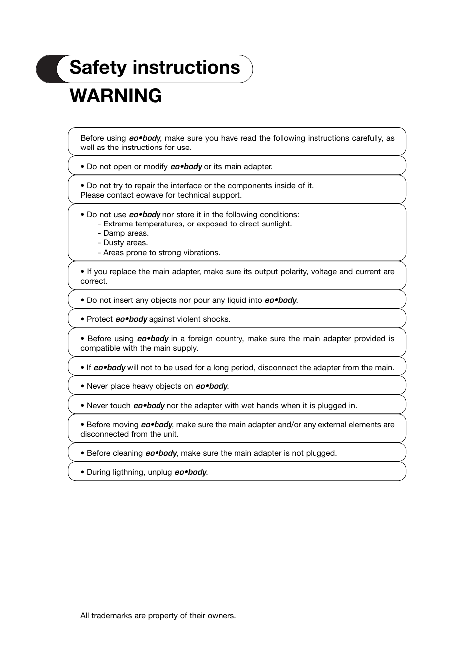 Safety instructions, Safety instructions warning | Eowave Eobody1 User Manual | Page 2 / 29