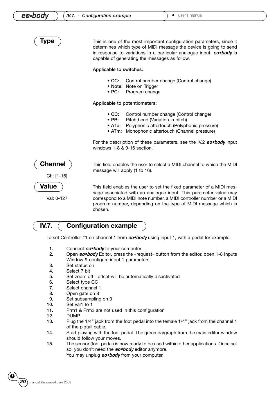 Type channel, Value, Iv.7. configuration example | Eowave Eobody1 User Manual | Page 20 / 29
