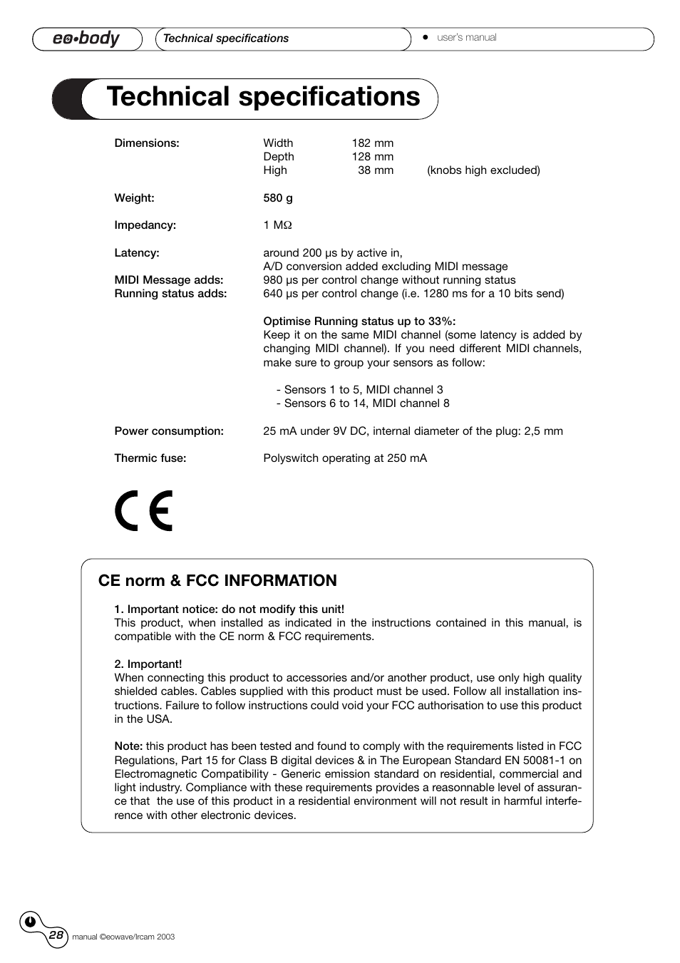 Technical specificaitons, Technical specifications, Ce norm & fcc information | Eowave Eobody1 User Manual | Page 28 / 29