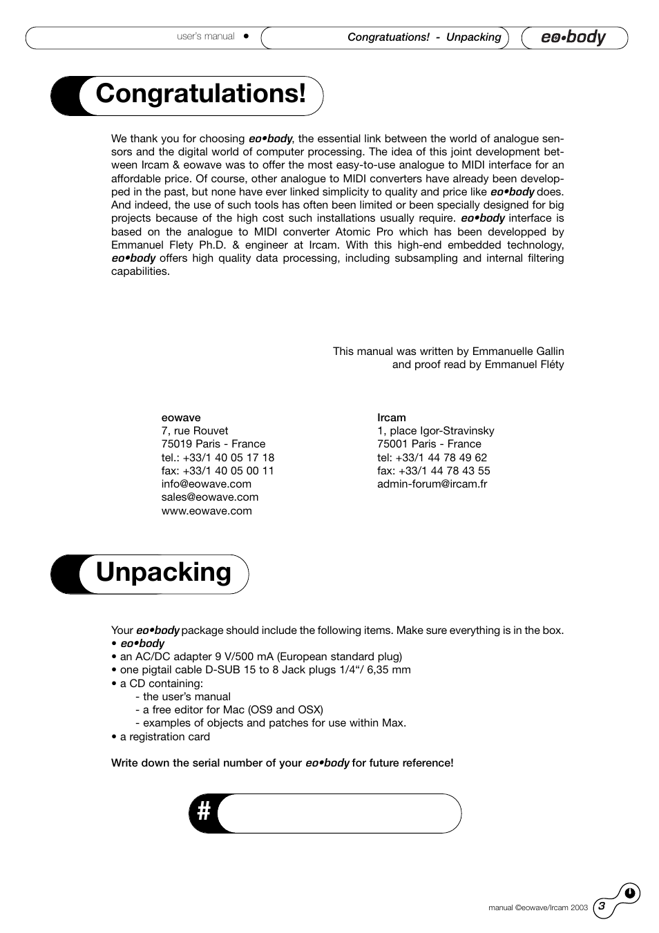 Congratulations! & unpacking, Who's who, Unpacking | Eowave Eobody1 User Manual | Page 3 / 29