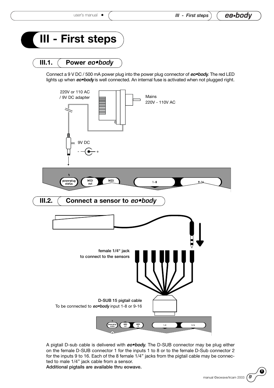 Iii - first steps, Iii.1. power eo•body, Iii.2. connect a sensor to eo•body | Eowave Eobody1 User Manual | Page 9 / 29