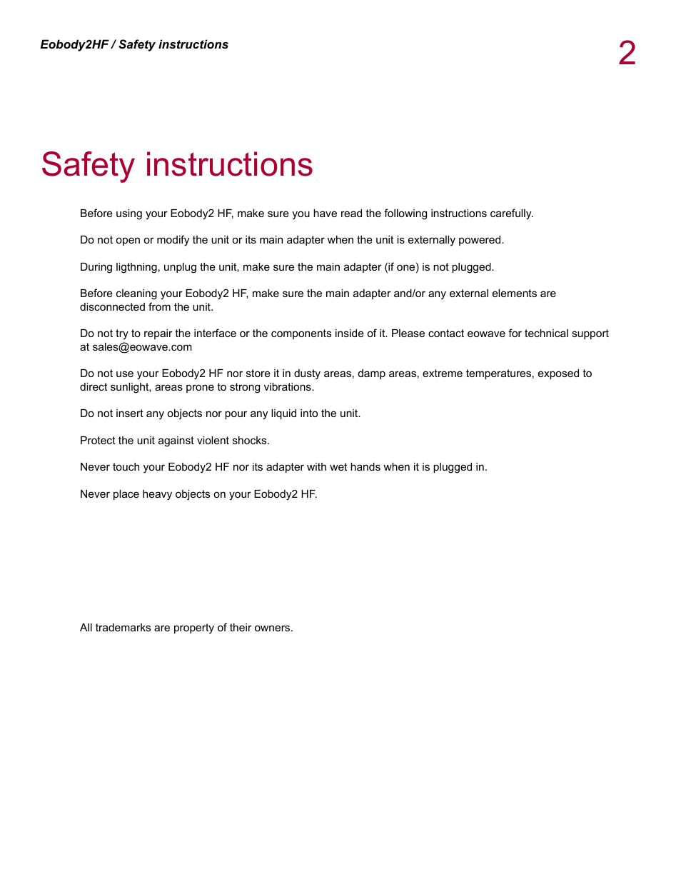 Safety instructions | Eowave eobody 2 HF v1.2 User Manual | Page 2 / 24