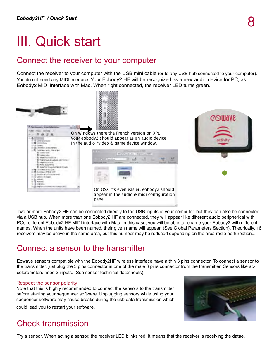 Iii. quick start, Connect the receiver to your computer, Connect a sensor to the transmitter | Check transmission | Eowave eobody 2 HF v1.2 User Manual | Page 8 / 24