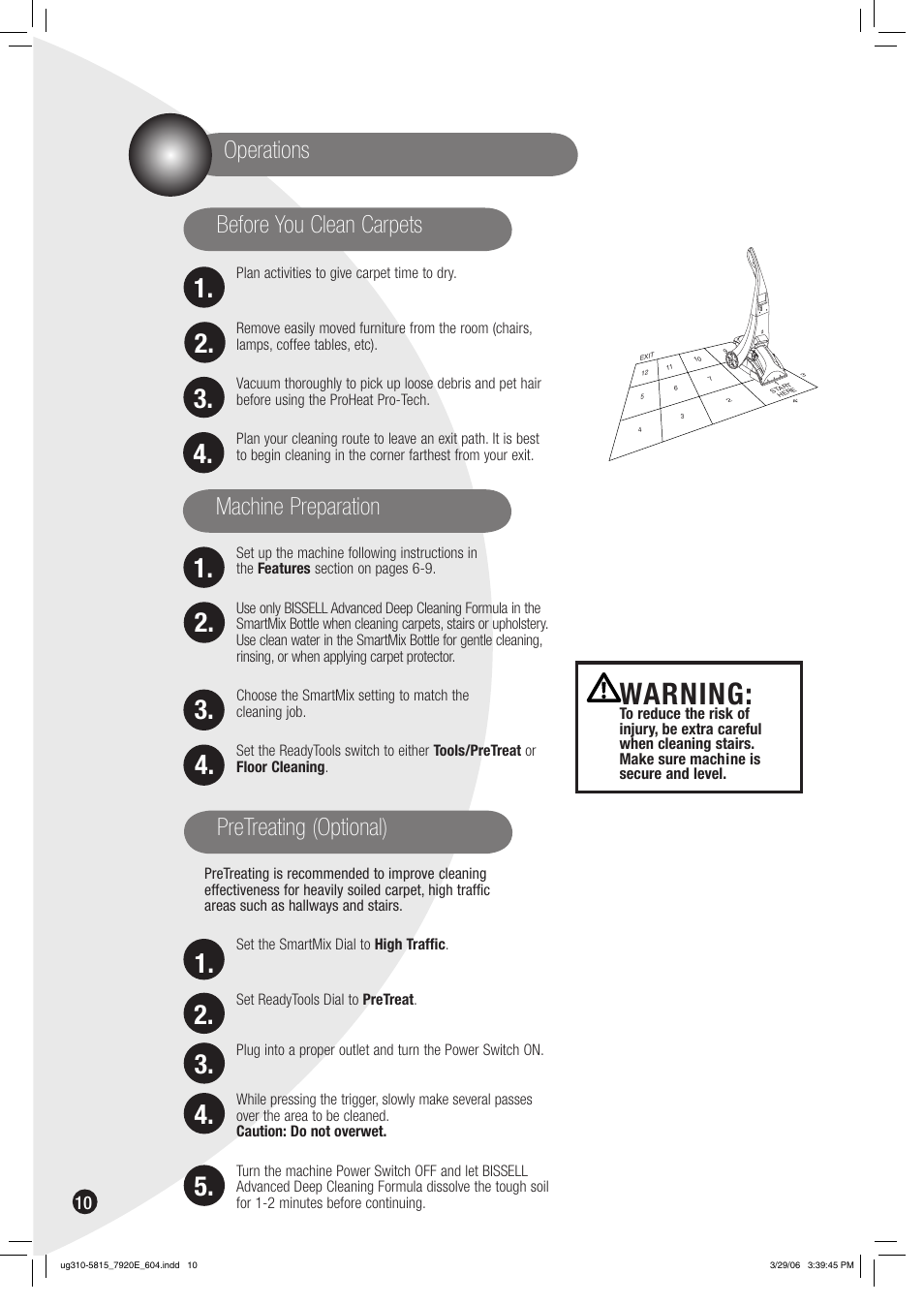 Warning, Operations, Machine preparation pretreating (optional) | Before you clean carpets | Bissell 7920 User Manual | Page 10 / 24