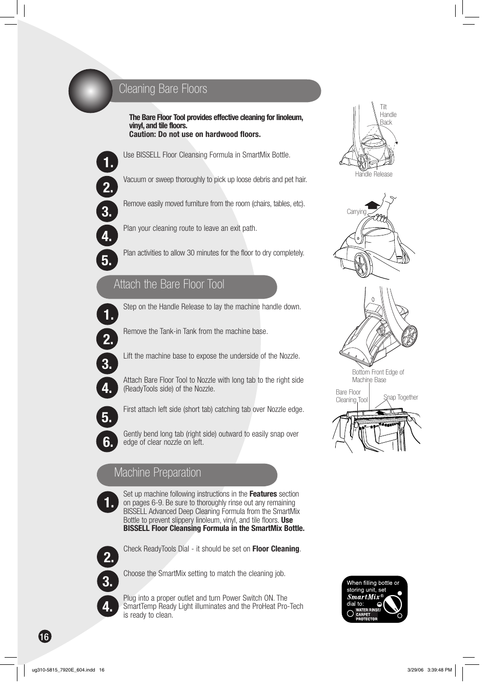 Machine preparation, Cleaning bare floors attach the bare floor tool | Bissell 7920 User Manual | Page 16 / 24