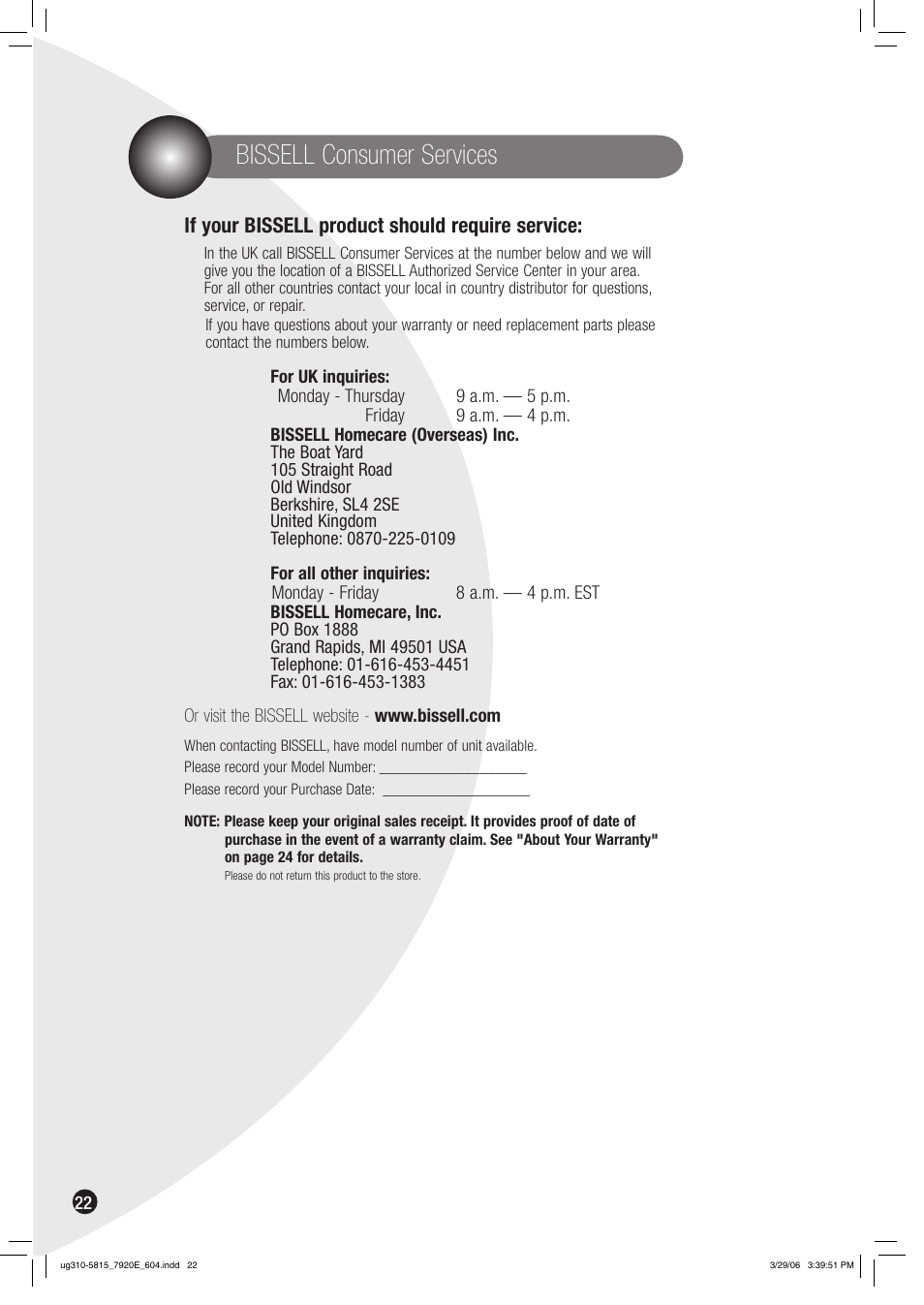 Bissell consumer services, If your bissell product should require service | Bissell 7920 User Manual | Page 22 / 24