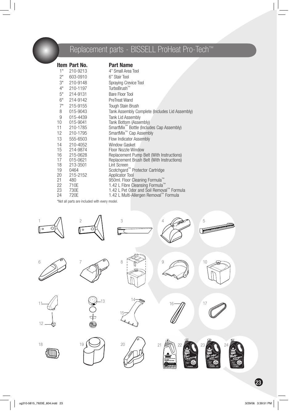 Replacement parts - bissell proheat pro-tech, Item part no. part name | Bissell 7920 User Manual | Page 23 / 24