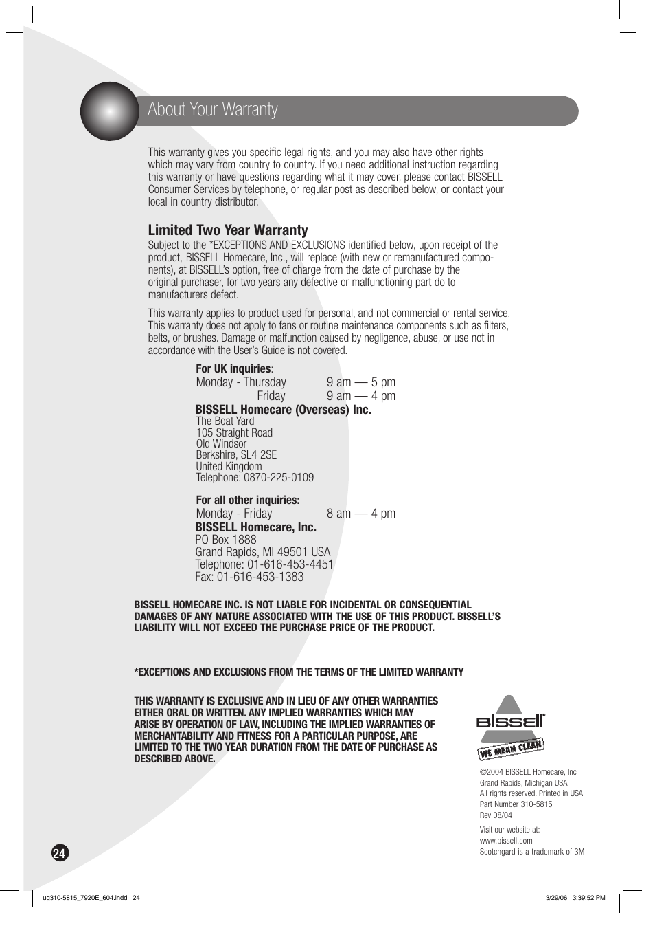 About your warranty, Limited two year warranty | Bissell 7920 User Manual | Page 24 / 24