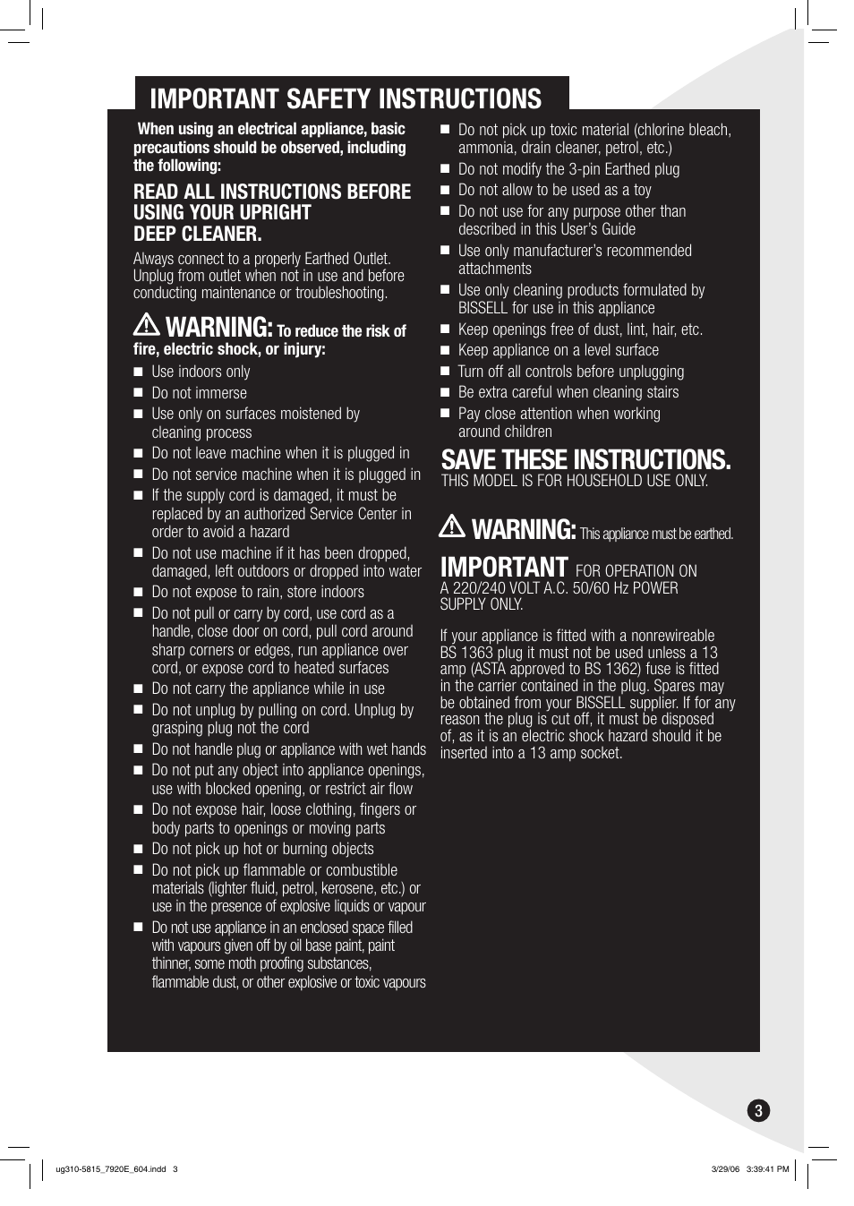 Important safety instructions, Save these instructions, Warning | Important | Bissell 7920 User Manual | Page 3 / 24