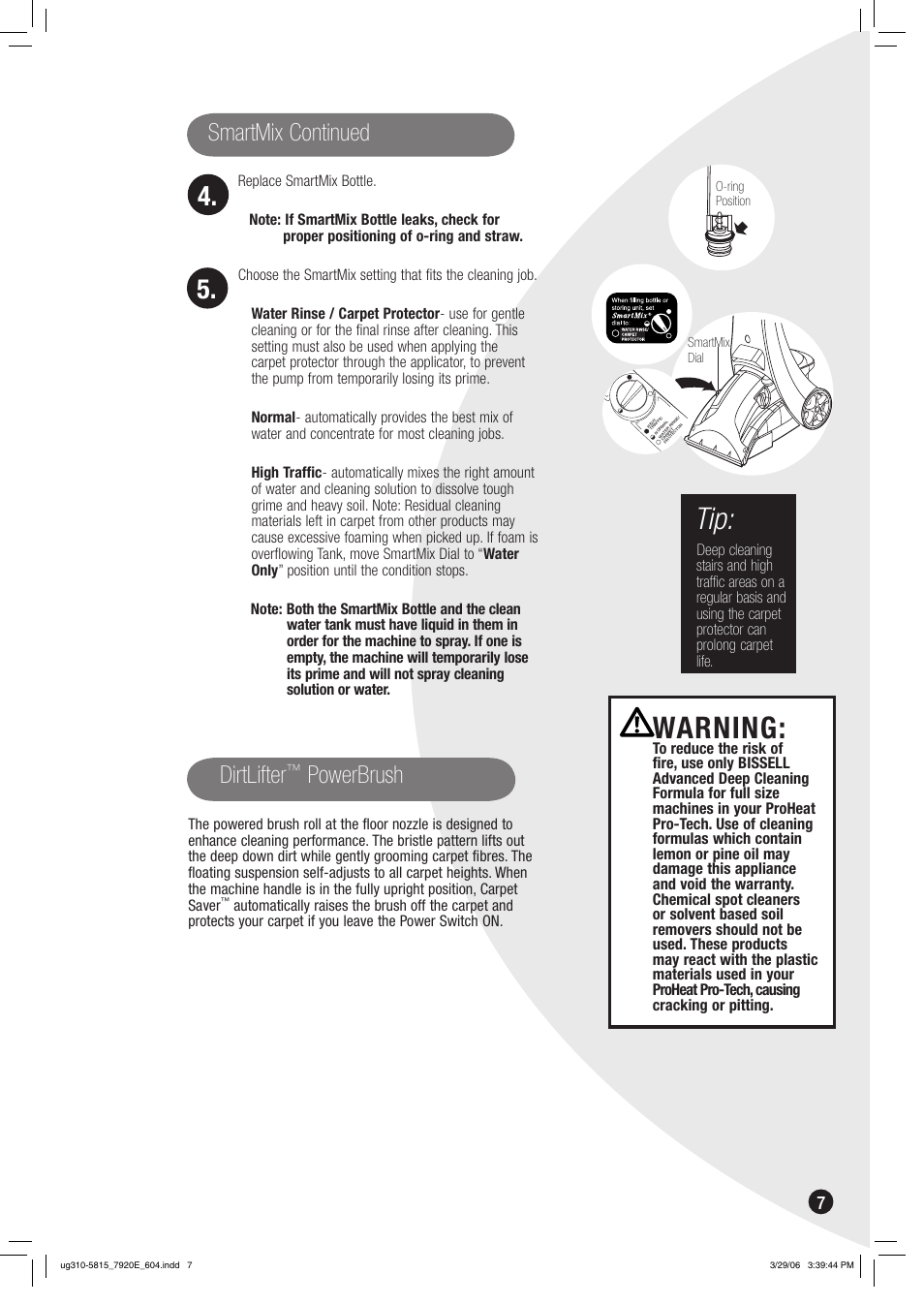 Warning, Smartmix continued, Dirtlifter | Powerbrush | Bissell 7920 User Manual | Page 7 / 24