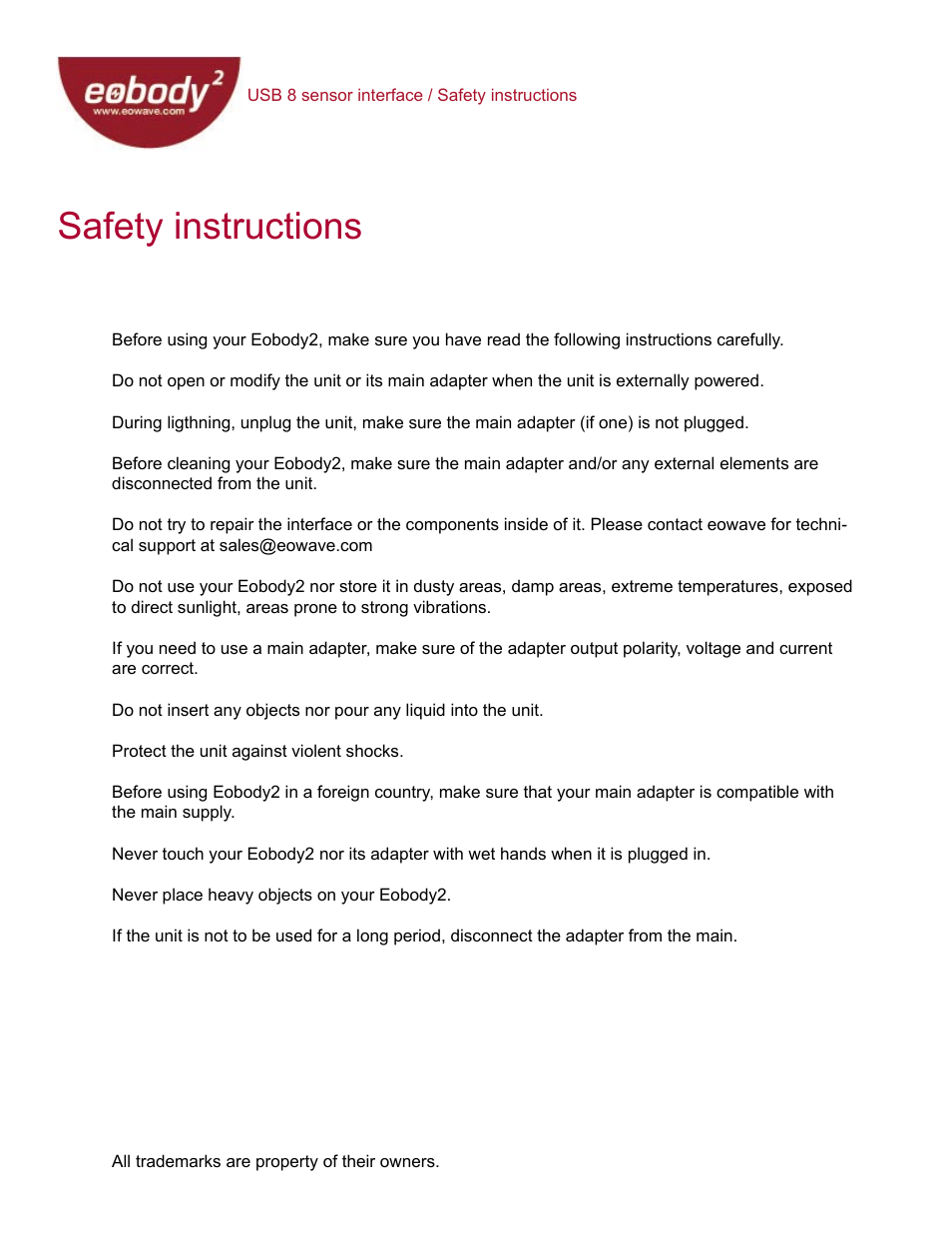 Safety instructions | Eowave Eobody2 USB8 SensorBox User Manual | Page 2 / 25