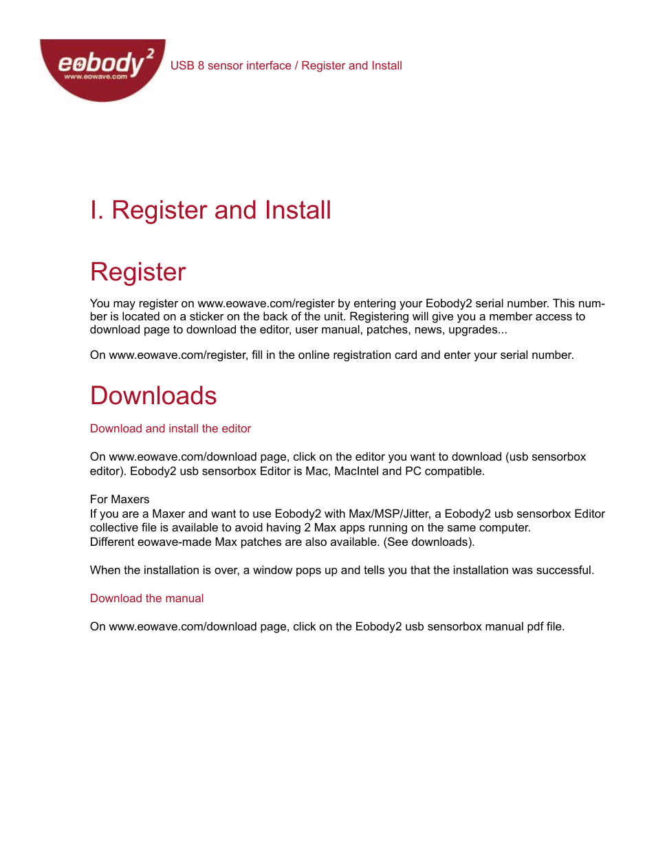 I. register and install register, Downloads | Eowave Eobody2 USB8 SensorBox User Manual | Page 7 / 25
