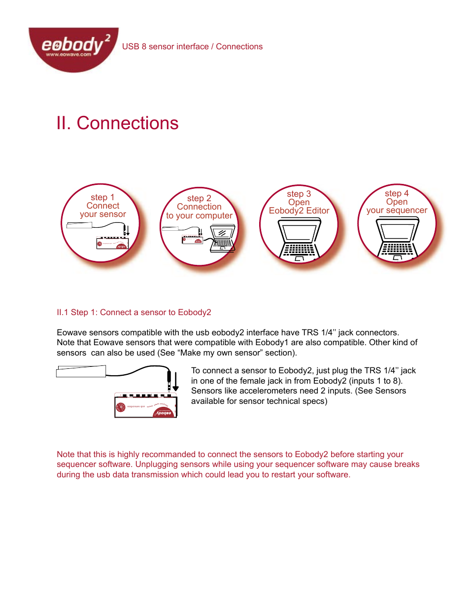 Ii. connections, Usb 8 sensor interface / connections | Eowave Eobody2 USB8 SensorBox User Manual | Page 8 / 25