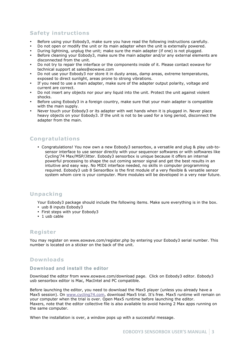 Unpacking, Register, Downloads | Eowave Eobody3 User Manual | Page 3 / 19