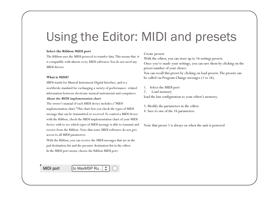 Using the editor: midi and presets | Eowave Ribbon User Manual | Page 10 / 15