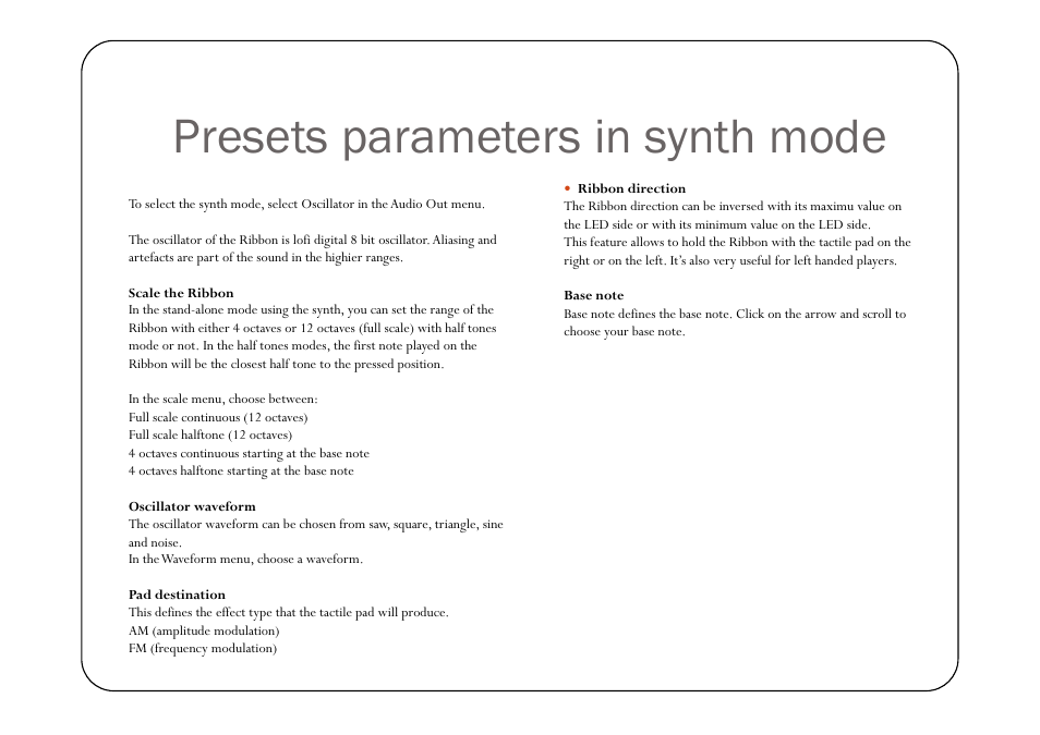 Presets parameters in synth mode | Eowave Ribbon User Manual | Page 11 / 15