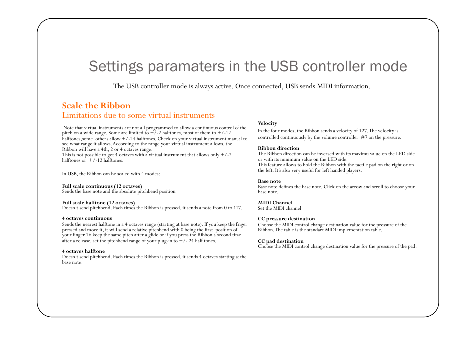 Settings paramaters in the usb controller mode | Eowave Ribbon User Manual | Page 12 / 15