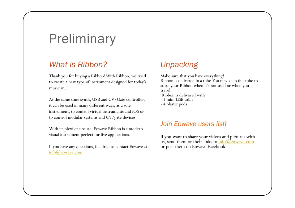 Preliminary, What is ribbon? unpacking, Join eowave users list | Eowave Ribbon User Manual | Page 3 / 15