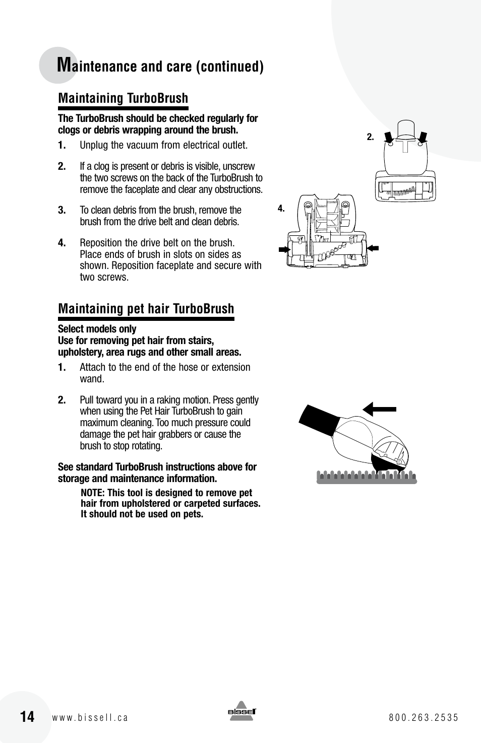 Aintenance and care (continued), Maintaining turbobrush, Maintaining pet hair turbobrush | Bissell 6 3 9 0 User Manual | Page 14 / 20