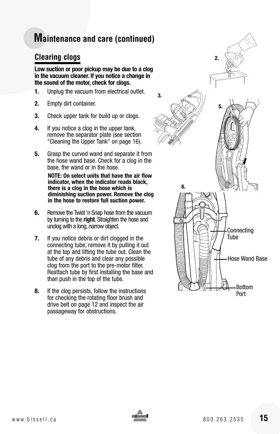 Aintenance and care (continued), Clearing clogs | Bissell 6 3 9 0 User Manual | Page 15 / 20