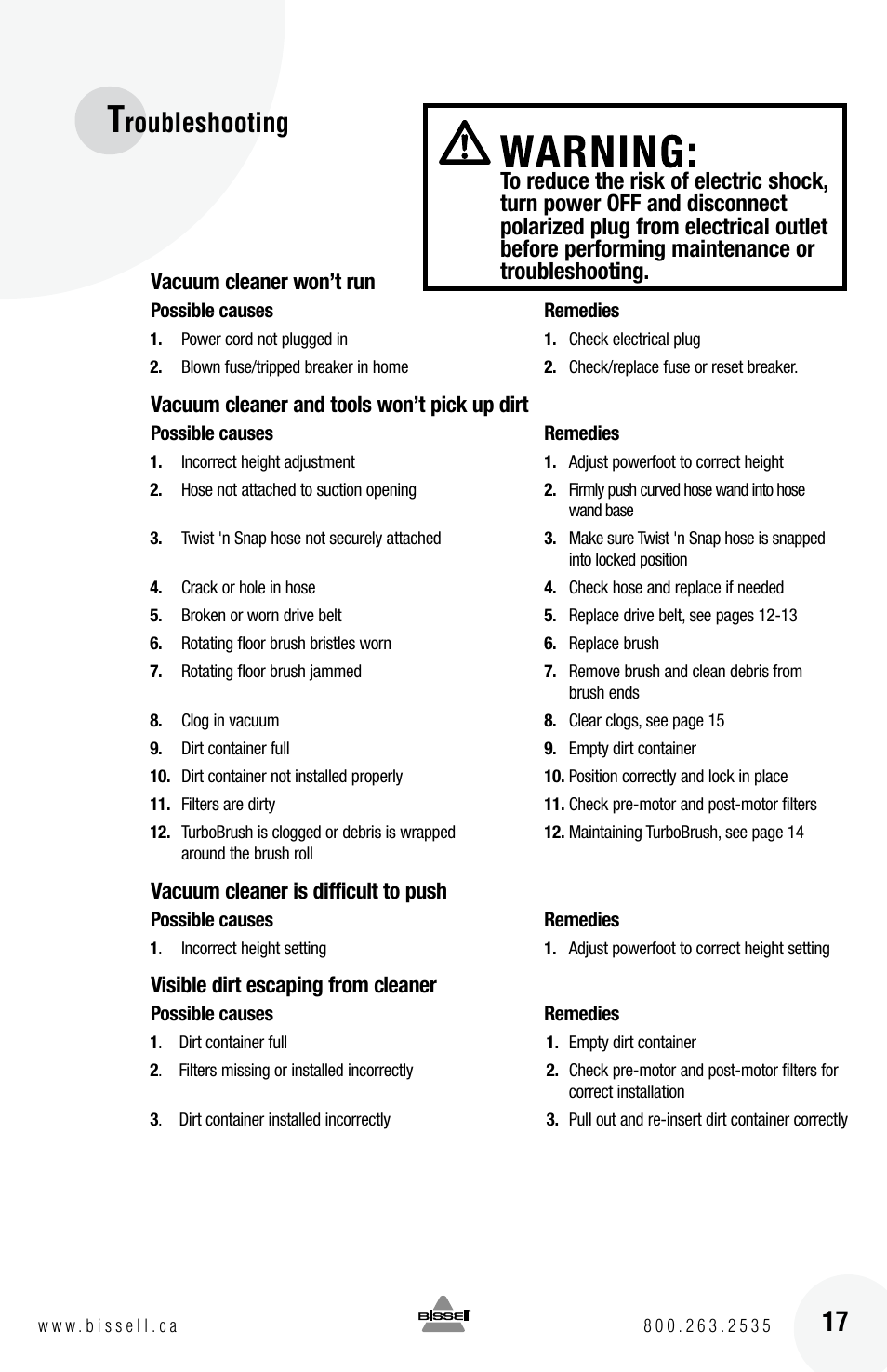 Roubleshooting | Bissell 6 3 9 0 User Manual | Page 17 / 20